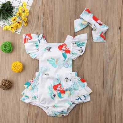 NEW Princess Ariel Little Mermaid Baby Girls Ruffle Romper Headband Set