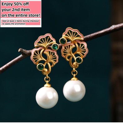 Jade Enamel Pearl Dangle Earrings Boho Flower Dainty Gemstone 18K Gold Plated