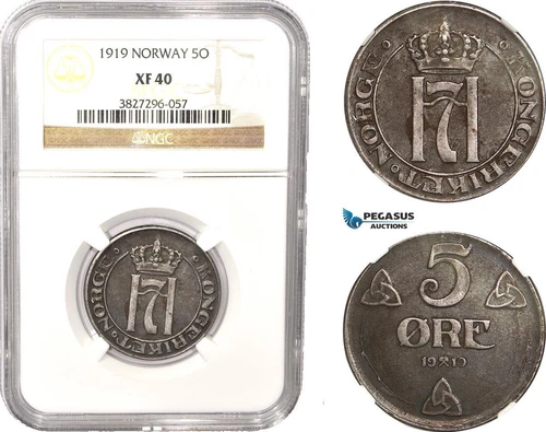 AC067, Norway, Haakon VII, 5 Øre 1919, Iron, Kongsberg, NGC XF40
