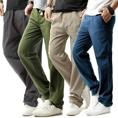YYG Men Elastic Waist Fashion Straight Leg Linen Drawstring Plain Trousers 