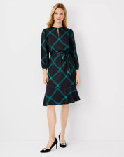 NEW ANN TAYLOR $169 BLACK WINDOWPANE SLIT NECK FLARE DRESS SZ 8P 8PETITE