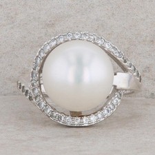 Sterling Silver 10.5mm Freshwater Button Pearl Cubic Zirconia Ring