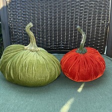 Velvet Moss Green Pumpkin And Velvet Orange Pumpkin Set Autumn Decor Fall