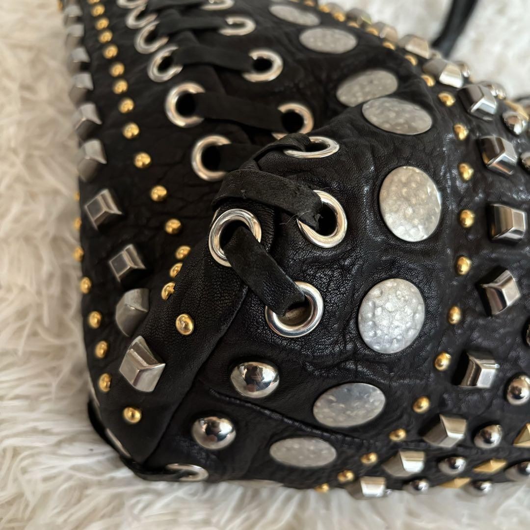 MIU MIU Studded 2Way Tote Shoulder Bag Black Leather Large A4