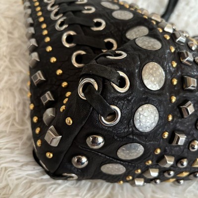 MIU MIU Studded 2Way Tote Shoulder Bag Black Leather Large A4