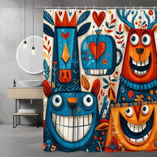 Funny Animal Faces Shower Curtain Boho Autumn Leaves Graphic
