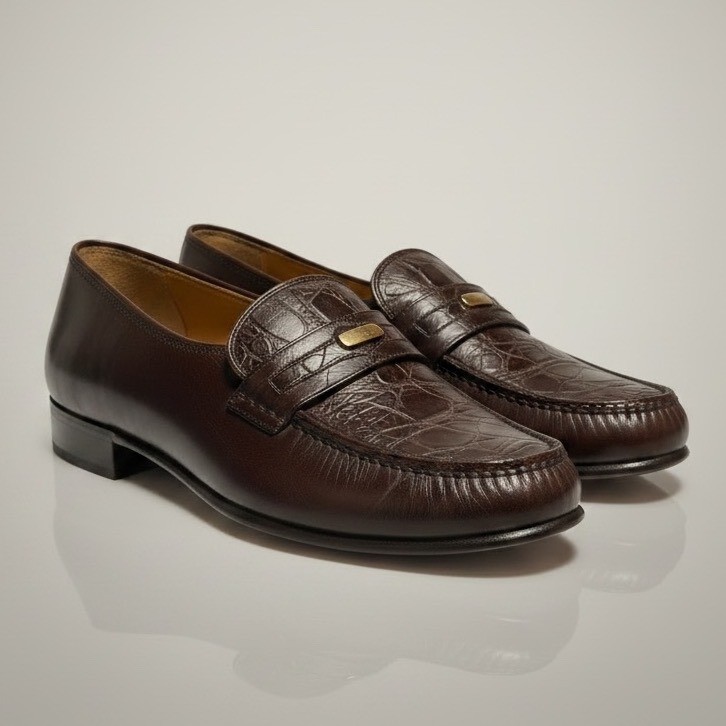 Bruno Magli Vintage Brown Leather Crocodile Texture Gold Logo Slip on Loafer - 6