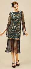 BABEYOND Green/Gold Sequin Fringe Beaded Round Neck Midi Flapper Dress Size S