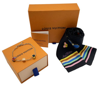 Auth Louis Vuitton Bandeau Butterfly Silk Scarf /Gamble Bracelet W/B SK120154
