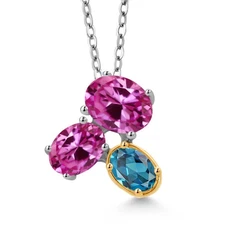 925 Silver and 10K Yellow Gold Pink Created Sapphire and London Blue Topaz