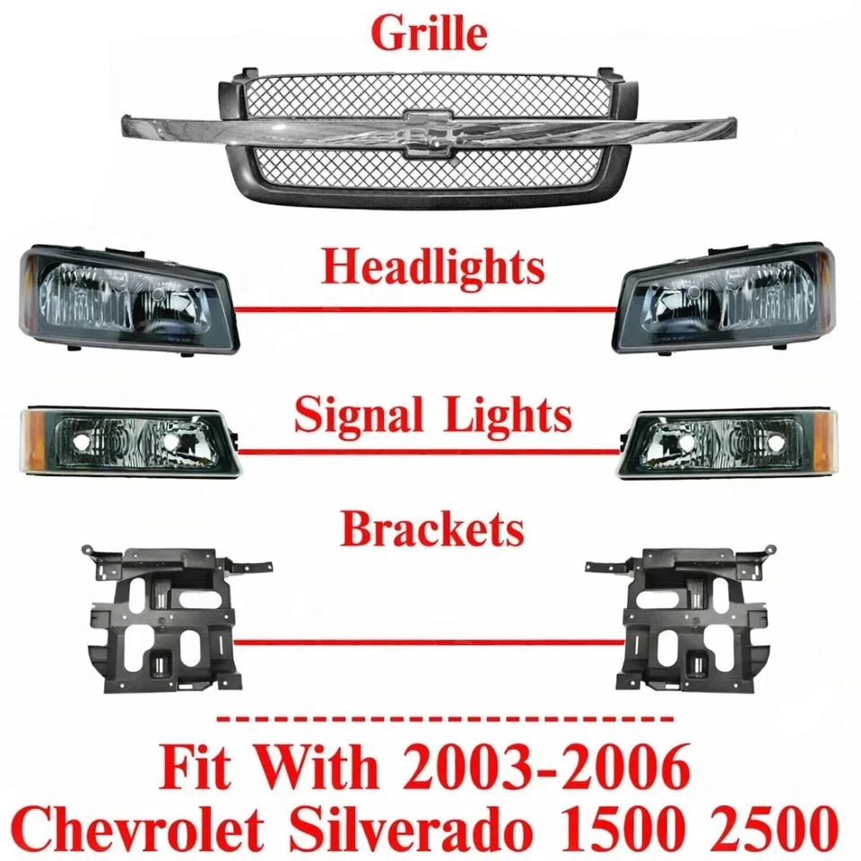 For 2003-2006 Chevrolet Silverado 1500 Front Grille Headlight Kit Brackets 7PC Foto 2 de 4