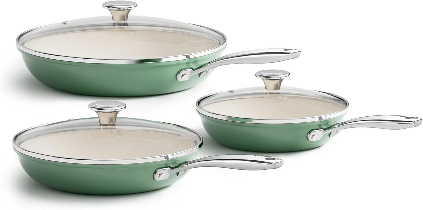 6-Piece Nonstick Fry Pan Set with Glass Lids - Induction Safe, Green