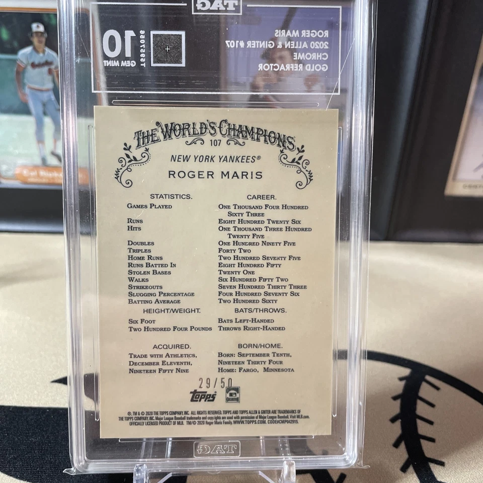 Roger Maris 2020 Topps Allen & Ginter Chrome Gold Refractor /50 TAG 10 Yankees - Image 2 of 2