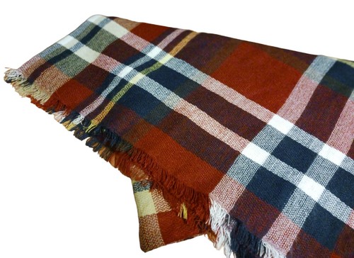 Scarf Shawl Wrap Tartan Plaid Fringe Square Blanket Blue Red Tan 112"×112" - Picture 5 of 6