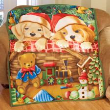 Christmas Decoration Fleece Throw Blanket 60" x 48" Puppy Dogs, Santa Hat, Bear