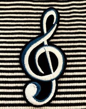 Treble Clef Music Note Patch Iron On Embroidered Applique Blue White Black 4"
