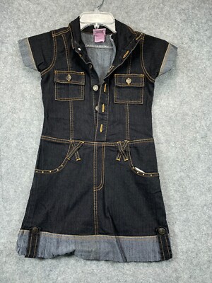 2B Real DIVA Denim Jean Dress Girls 10 12 Black Denim Brown Stitch Short Sleeve