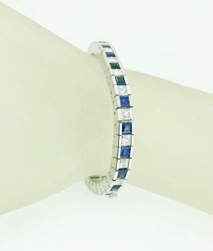 Perfect Square Shape Blue Sapphire & White Cubic Zirconia 9.14CT Tennis Bracelet - Picture 3 of 9