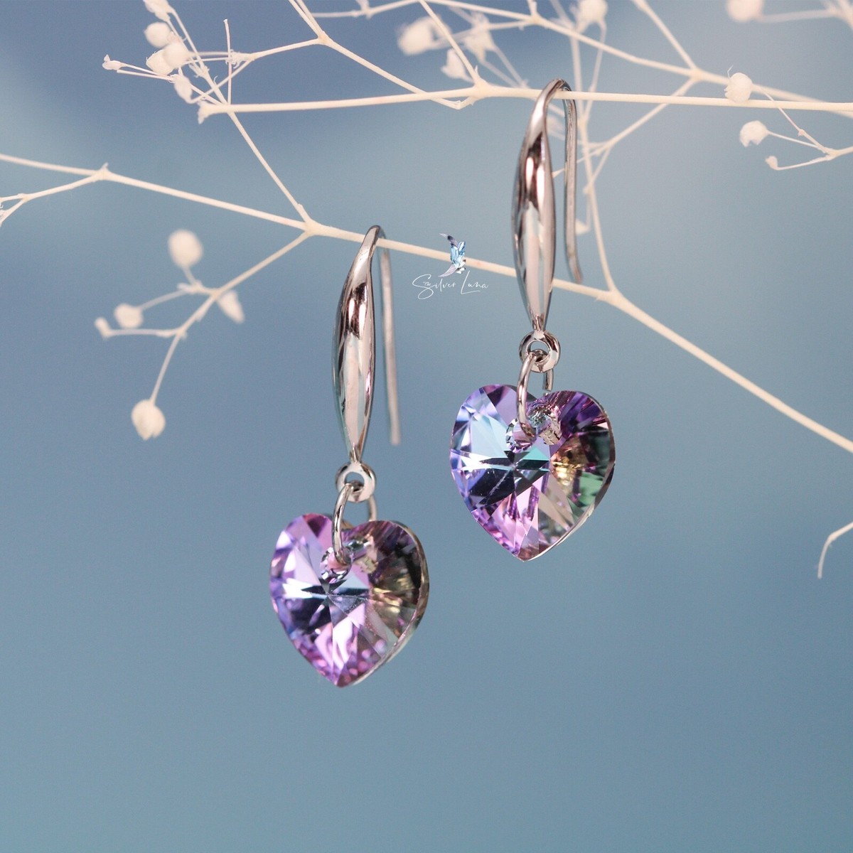 925 sterling silver rainbow heart crystal dangle drop