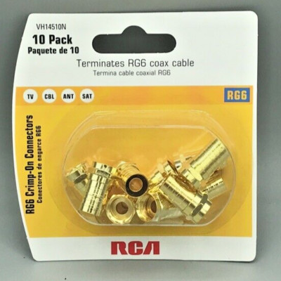 RCA RG6 Coaxial F Connectors 10 Pack Gold Crimp On Cable TV SAT ANT NEW Sealed