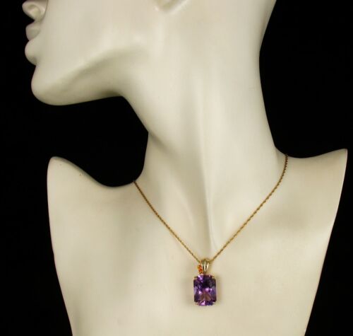 LARGE FINE EMERALD CUT AMETHYST & CITRINE SOLID 14K YELLOW GOLD DROP PENDANT - Picture 4 of 6