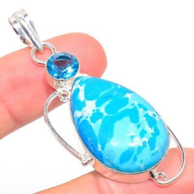 Blue Larimar Gemstone Handmade 925 Sterling Silver Jewelry Pendant Sz 2''