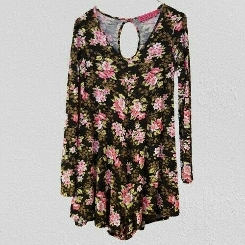 Boohoo Black Pink Floral Long Sleeve Swing Playsuit Dress Size 8 10 12 M Medium - Picture 2 of 5