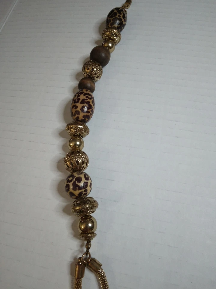 Fashion Statement Gold Tone Necklace Wood Beads Animal Print Bold Nature Long - Изображение 2 из 4