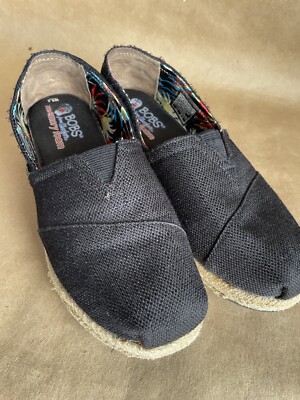 BOBS Skechers Memory Foam Womens 8.5 Shoes Black Jute Espadrille~Loafer Slip On