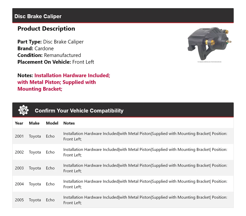 Pinza de freno de disco delantera izquierda cardone 2002 2003 2004 para Toyota Echo 2001-2005 Foto 2 de 4