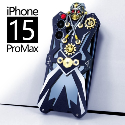 Für iPhone 15 Etui Schädel Punk Stoßfest Metall Panzerung Abdeckung Aluminium Stoßstange - Bild 6 von 25