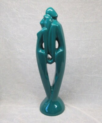 Haeger Art Pottery Teal Green Man Woman LOVERS EMBRACE Statue Figurine Deco 20'' 