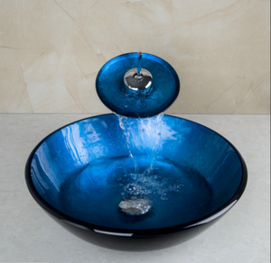 Us Blue Handcraft Bathroom Glass Vessel Sink Bowl Waterfall Mixer