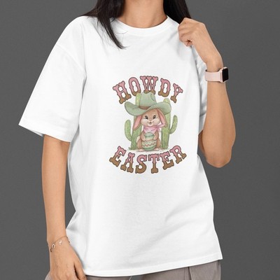 Howdy Easter Bunny Shirt Western Cowgirl Cute Spring Holiday Tee S-5XL
