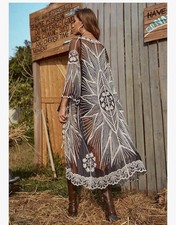 Women's Embroidery Sheer Mesh 3/4 Sleeve Swimwear Long Kimono Cardigan, OS