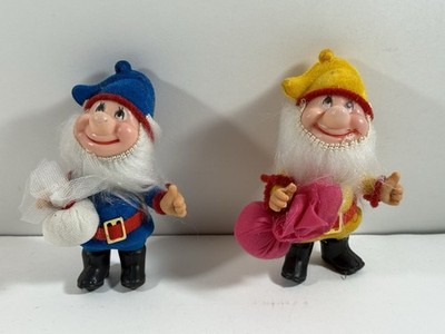 Vintage Flocked Plastic Santa Elf Dwarf Set Of 2 Figurines 4  Christmas