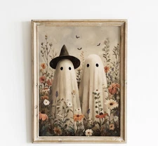 Vintage Cute Ghosts in Wildflower Meadow Printable Wall Art, Neutral Halloween