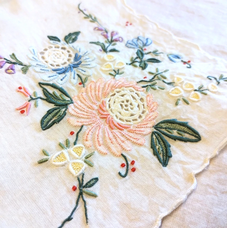 Pañuelo Vintage 11.5 pulgadas Cuadrado Blanco Floral Crochet Inserto Bordado Italia Foto 3 de 4