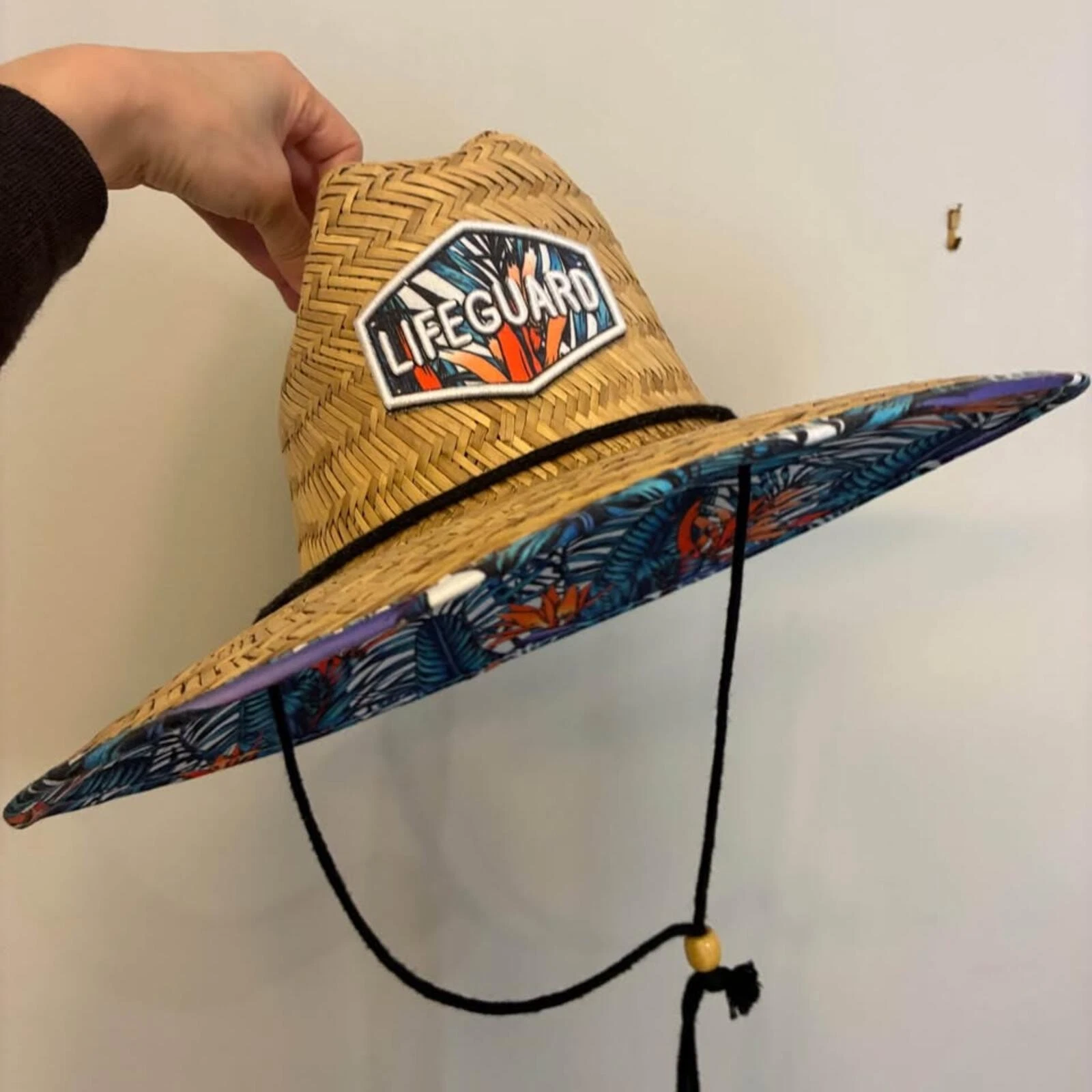 Straw Lifeguard Hat Wide Brim Sun Hat Tropical Underbrim Chin Strap