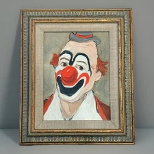 Vintage Original Happy Clown Painting On Canvas Board Framed