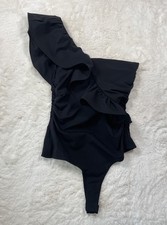 ASTR The Label Black One Shoulder Ruffle Solid Bodysuit Women's Regular Size S