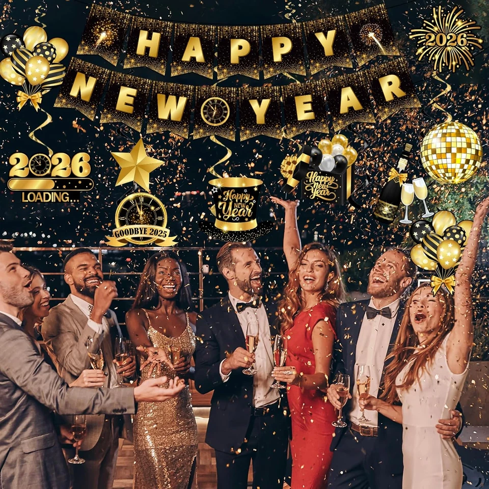 Decoraciones Feliz Año Nuevo 2026, Banner Feliz Año Nuevo Dorado Negro y Año Nuevo  Foto 2 de 4