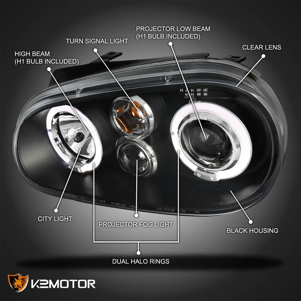 Black Fits 1999-2005 Volkswagen Golf GTI R32 MK4 LED Halo Projector Headlights Foto 3 de 4