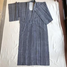 Boro Japanese Style Summer Kimono Old Cloth Vintage Vertical Stripes Indigo Blue