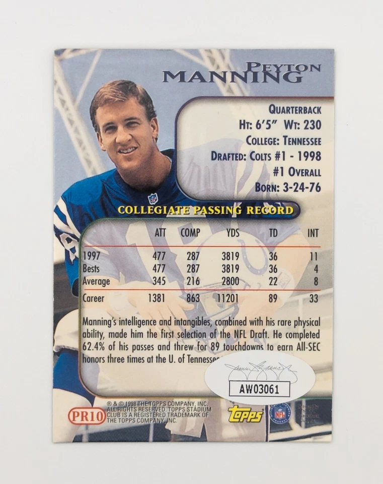 ​1998 Topps Peyton Manning RC automático JSA HOF Colts Tennessee Vols Prime Rookies Foto 3 de 3