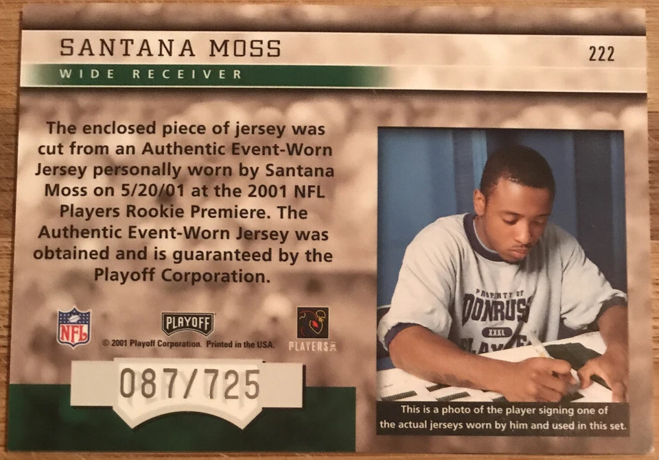 2001 Playoff Honors Rookie Jersey Santana Moss #222 New York Jets #’d 087/725 - Image 2 of 2