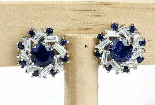 2.20Ct Simulated Round Blue Sapphire Stud Earrings 14K White Gold Sliver Finish - Picture 5 of 5