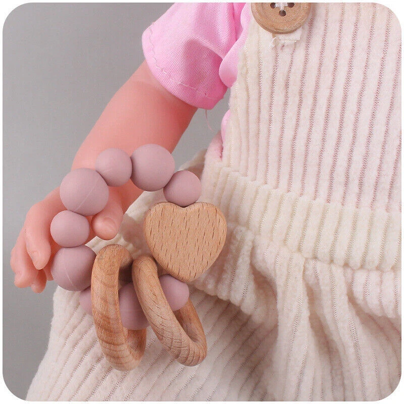 Bracelets Rattles Wooden Teether Teething Baby Shower Gifts Silicone Toys - Image 3 of 4