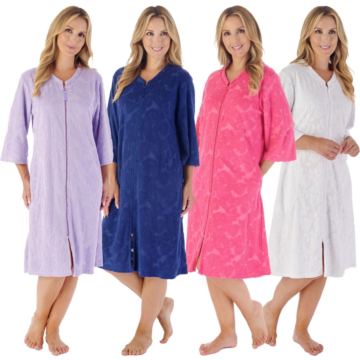 Slenderella Zip Towelling Robe Floral Embossed Towel Dressing Gown Bathrobe
