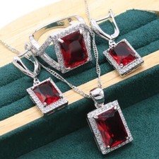 925 Silver CZ Emerald cut Red Garnet Ring Earrings Pendant Necklace Set